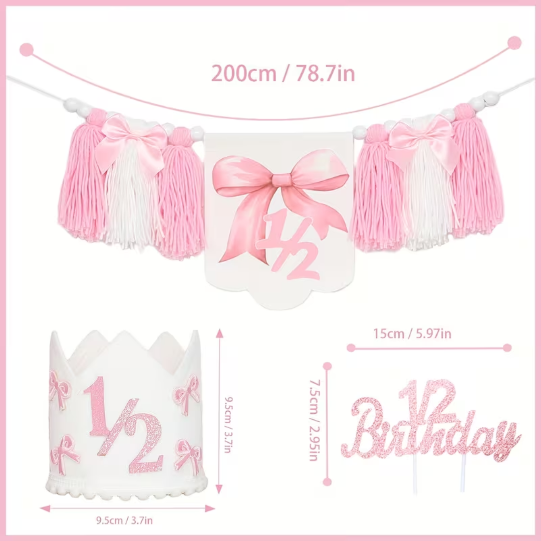 3pcs 1/2 Bow Birthday Banner, Hat and Cake Topper