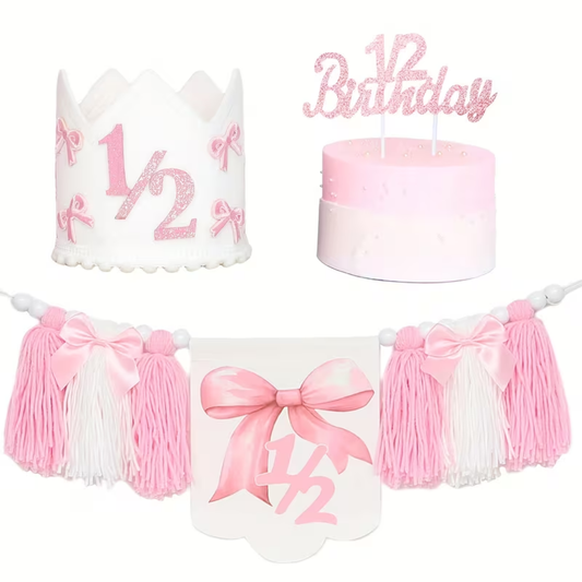 3pcs 1/2 Bow Birthday Banner, Hat and Cake Topper