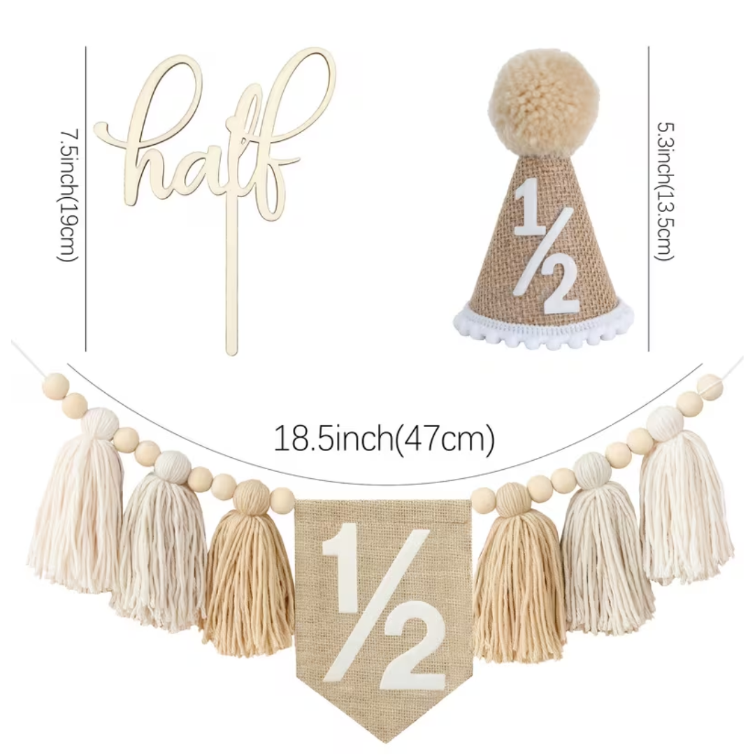 3pcs 1/2 Khaki Birthday Decorations, Halfway to One Boy Decorations Half Cake Topper, 1/2 Cone Hat and 1/2 Tassel High Chair Banner