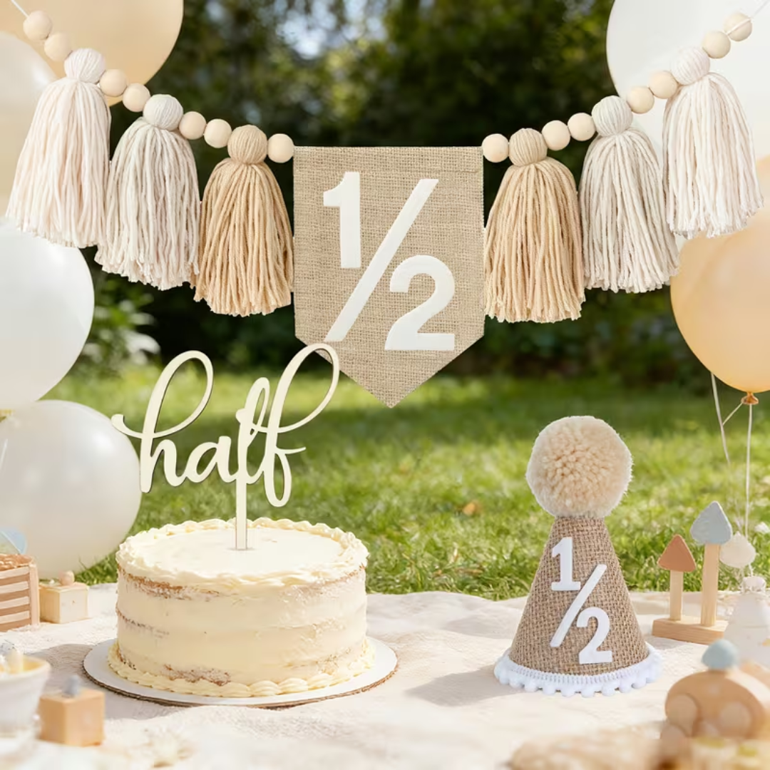 3pcs 1/2 Khaki Birthday Decorations, Halfway to One Boy Decorations Half Cake Topper, 1/2 Cone Hat and 1/2 Tassel High Chair Banner