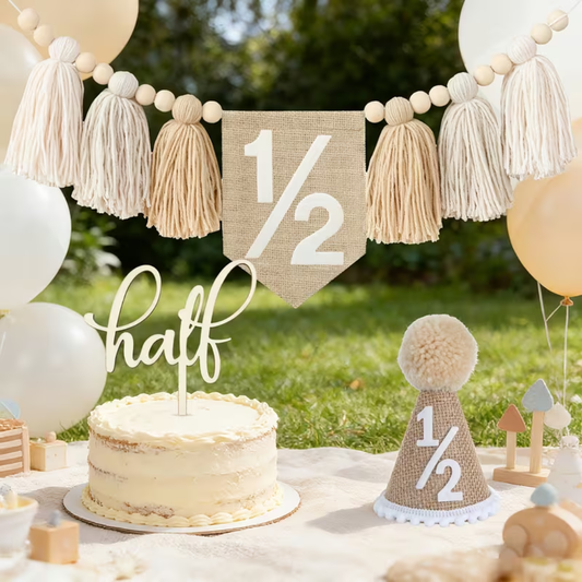 3pcs 1/2 Khaki Birthday Decorations, Halfway to One Boy Decorations Half Cake Topper, 1/2 Cone Hat and 1/2 Tassel High Chair Banner