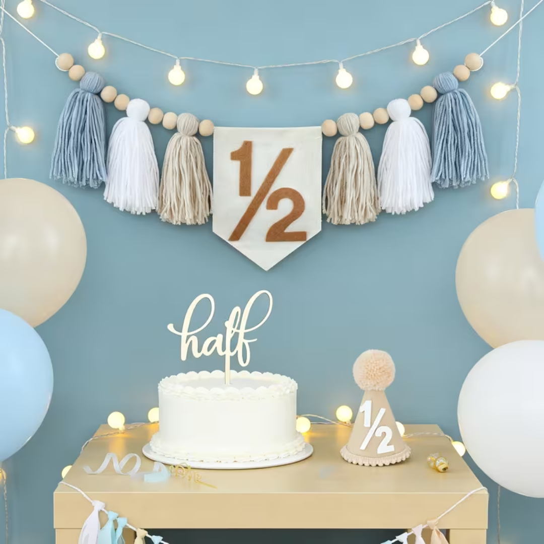 3pcs 1/2 Khaki and Blue birthday Decoration Half Cake Topper 1/2 Cone Hat and 1/2 Tassel HighChair Banner