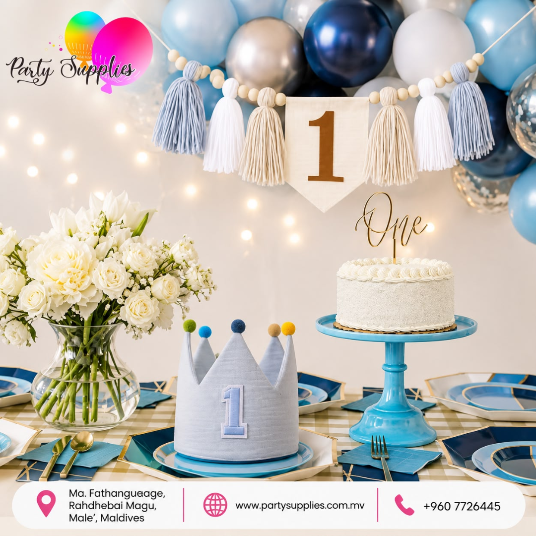 3pcs Boho Blue, White, Beige Tassel Highchair Banner with One Cake Topper and Blue Crown Hat for One Birthday