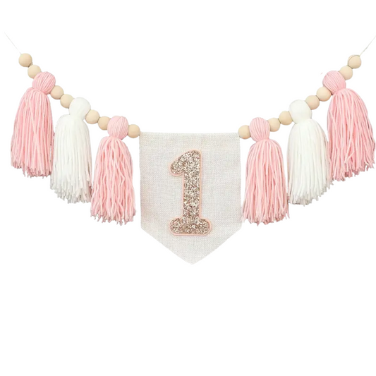 1pcs one First Birthday Pink and White Tassel Garland Banner