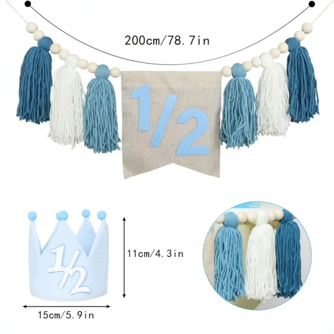 2pcs 1/2 Year Birthday Party Decor Kit with Blue Crown and Banner