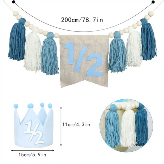 2pcs 1/2 Year Birthday Party Decor Kit with Blue Crown and Banner