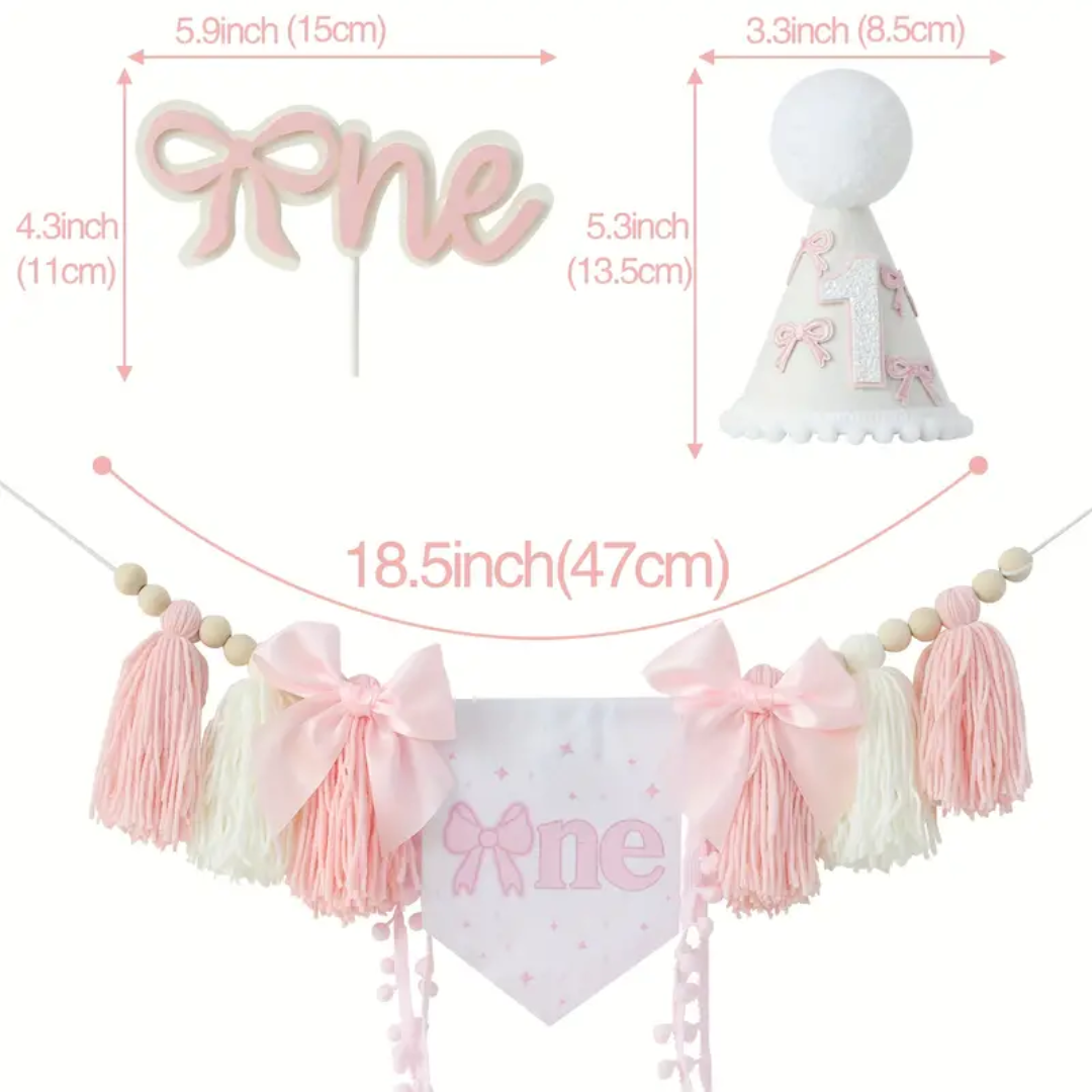 3pcs Pink One Bow First Birthday Decoration with Highchair Banner, Hat and Cake Topper