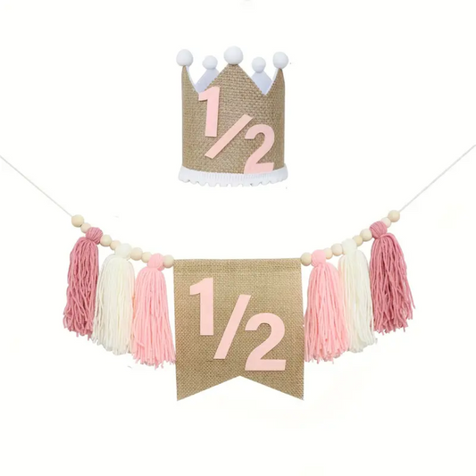 2pcs 1/2 Birthday Bohemian Highchair Wooden Beads Pink Banner with Hat