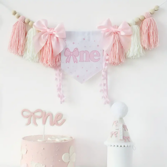 3pcs Pink One Bow First Birthday Decoration with Highchair Banner, Hat and Cake Topper