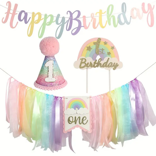 4pcs Macaron Colorful Rainbow One First Birthday Decoration with Highchair banner and Hat