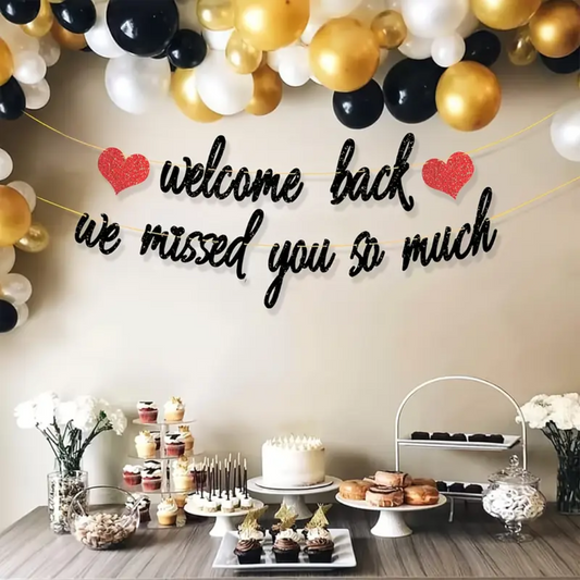 Black "Welcome Back We Missed You So Much" Glitter Banner