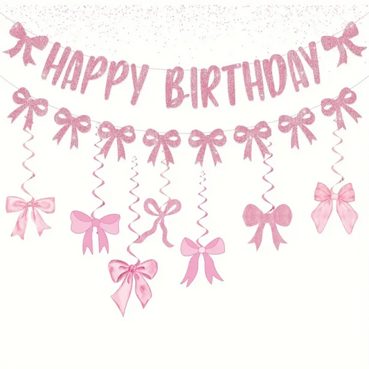Pink Bow Happy Birthday Banner with 7pcs Swirls and Bunting