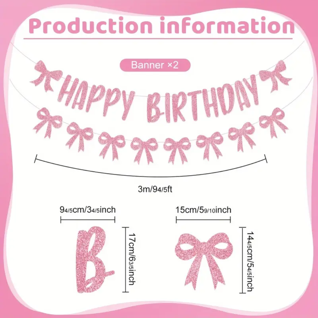 Pink Bow Happy Birthday Banner with 7pcs Swirls and Bunting