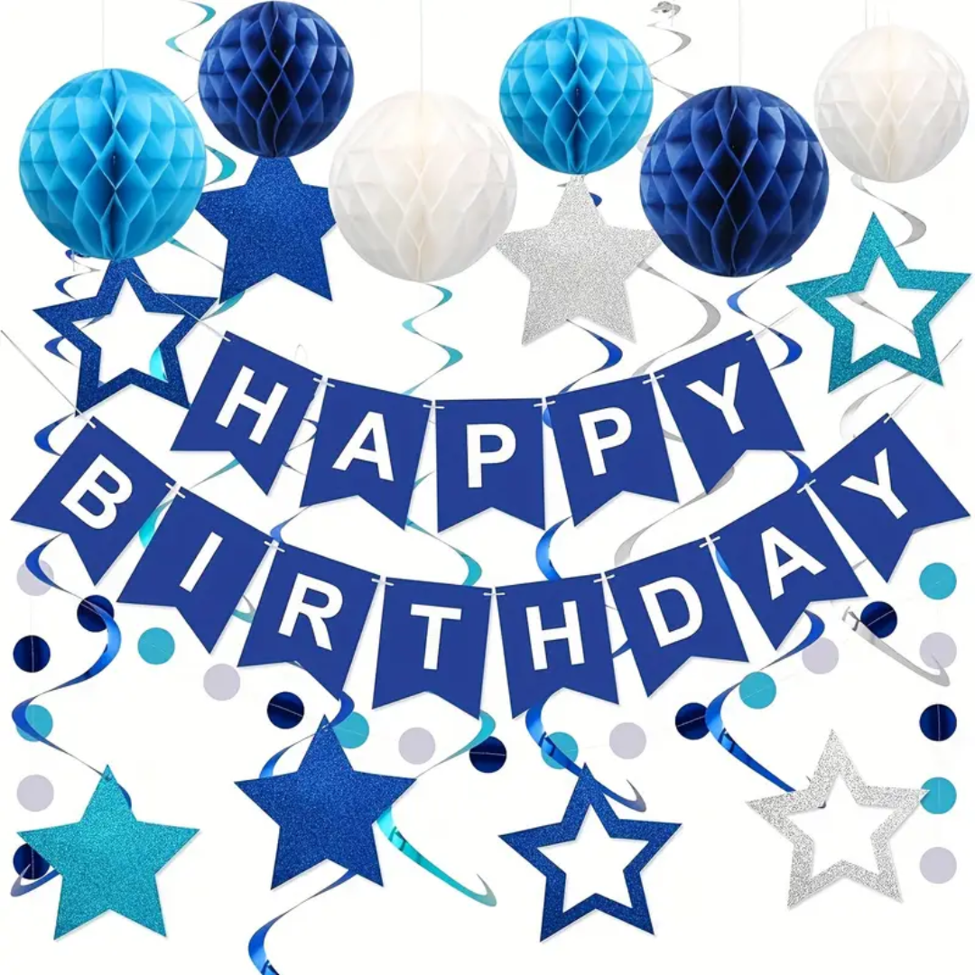 16pcs Navy Blue Birthday Set with Honeycomb Balls and Spiral Hanging Decorations