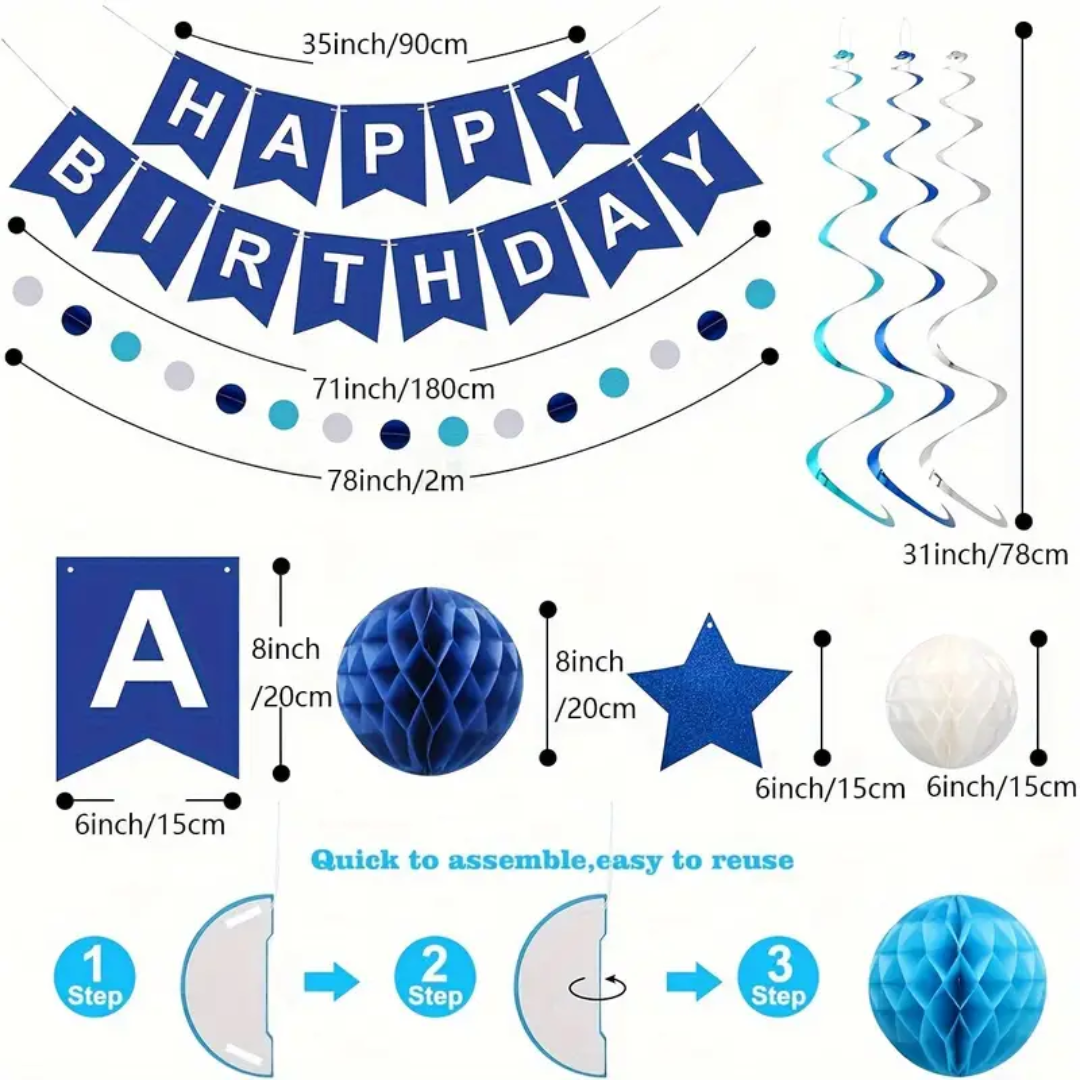 16pcs Navy Blue Birthday Set with Honeycomb Balls and Spiral Hanging Decorations