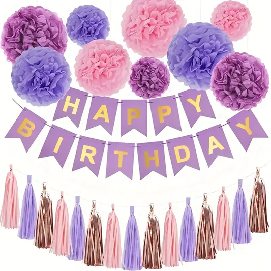 22pcs Purple & Pink Paper Pom Pom Birthday Party Decorations Set with "Happy Birthday" Banner