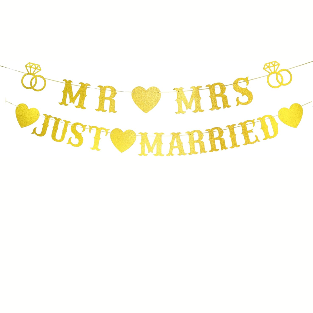 Gold Glitter Mr. And Mrs. just Married Paper Banner