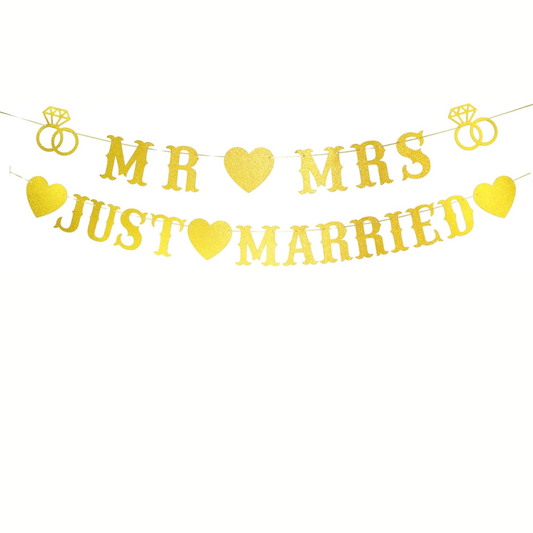 Gold Glitter Mr. And Mrs. just Married Paper Banner