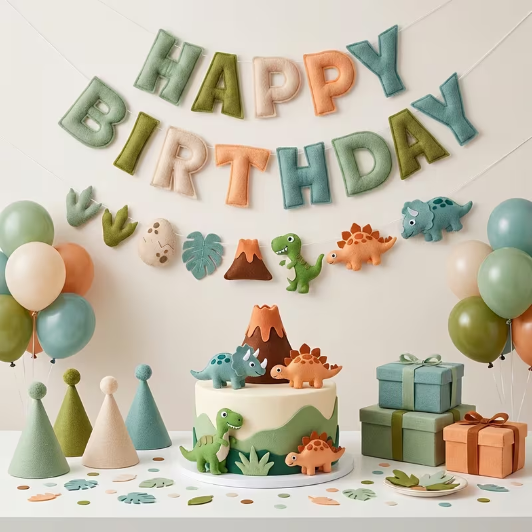 Dinosaur Themed Happy Birthday Felt Banner, Cute Dino Felt Bunting Garland with T-Rex Stegosaurus & Volcano Designs