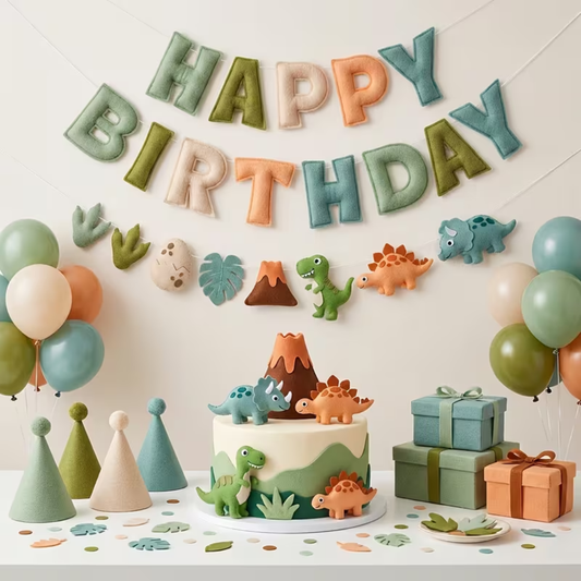 Dinosaur Themed Happy Birthday Felt Banner, Cute Dino Felt Bunting Garland with T-Rex Stegosaurus & Volcano Designs