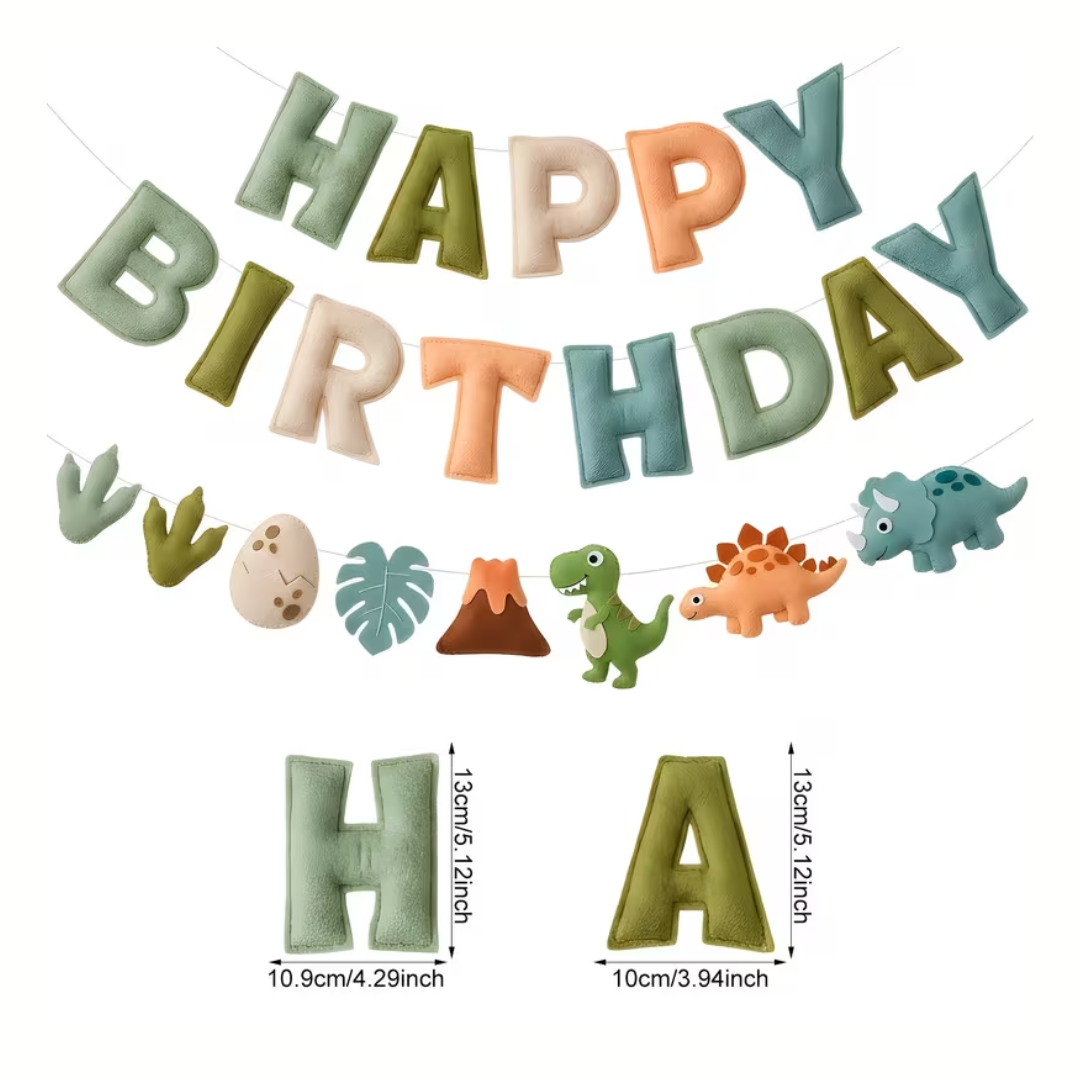 Dinosaur Themed Happy Birthday Felt Banner, Cute Dino Felt Bunting Garland with T-Rex Stegosaurus & Volcano Designs