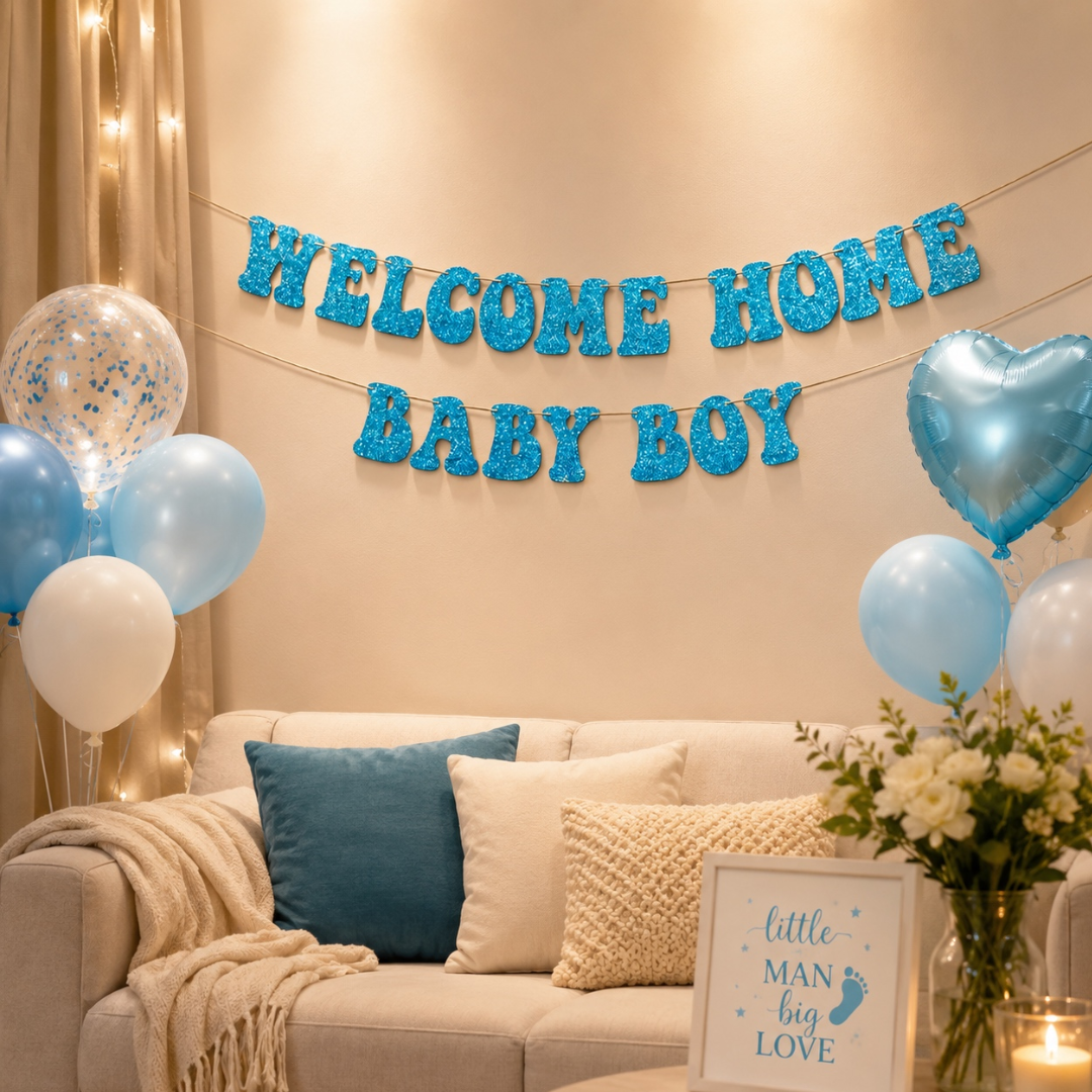 Blue Glitter Welcome Home Baby Boy Banner