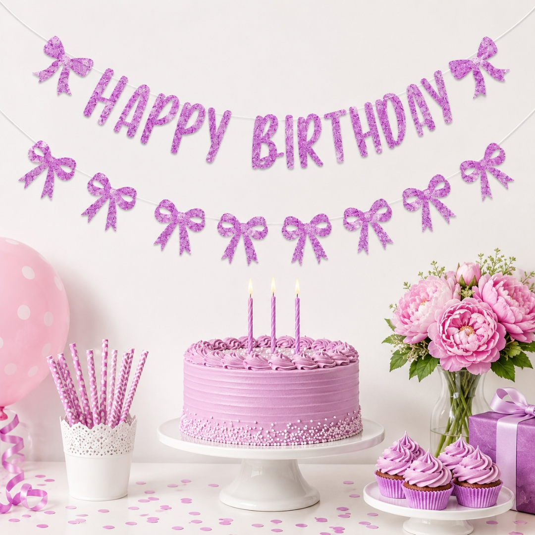 Bow Theme Happy Birthday Glitter Banner