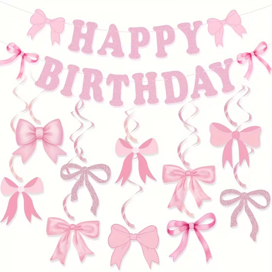 Pink Bow Birthday Banner with Swirls