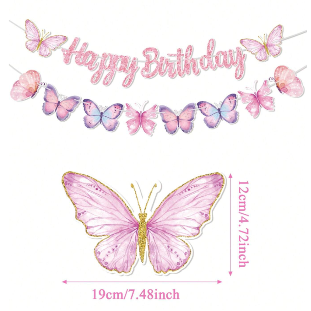 Pink Butterfly Happy Birthday Paper Banner with Bunting