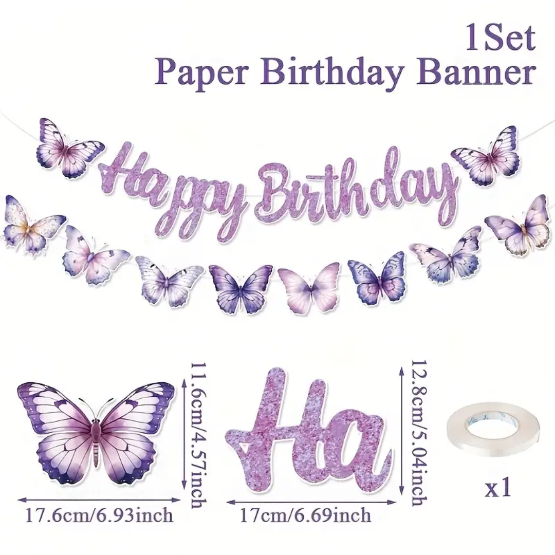 Purple Butterfly Happy Birthday Paper Banner with Bunting