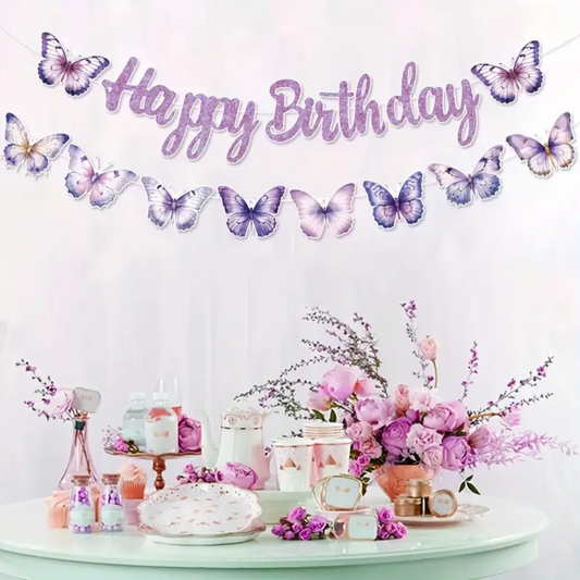 Purple Butterfly Happy Birthday Paper Banner with Bunting
