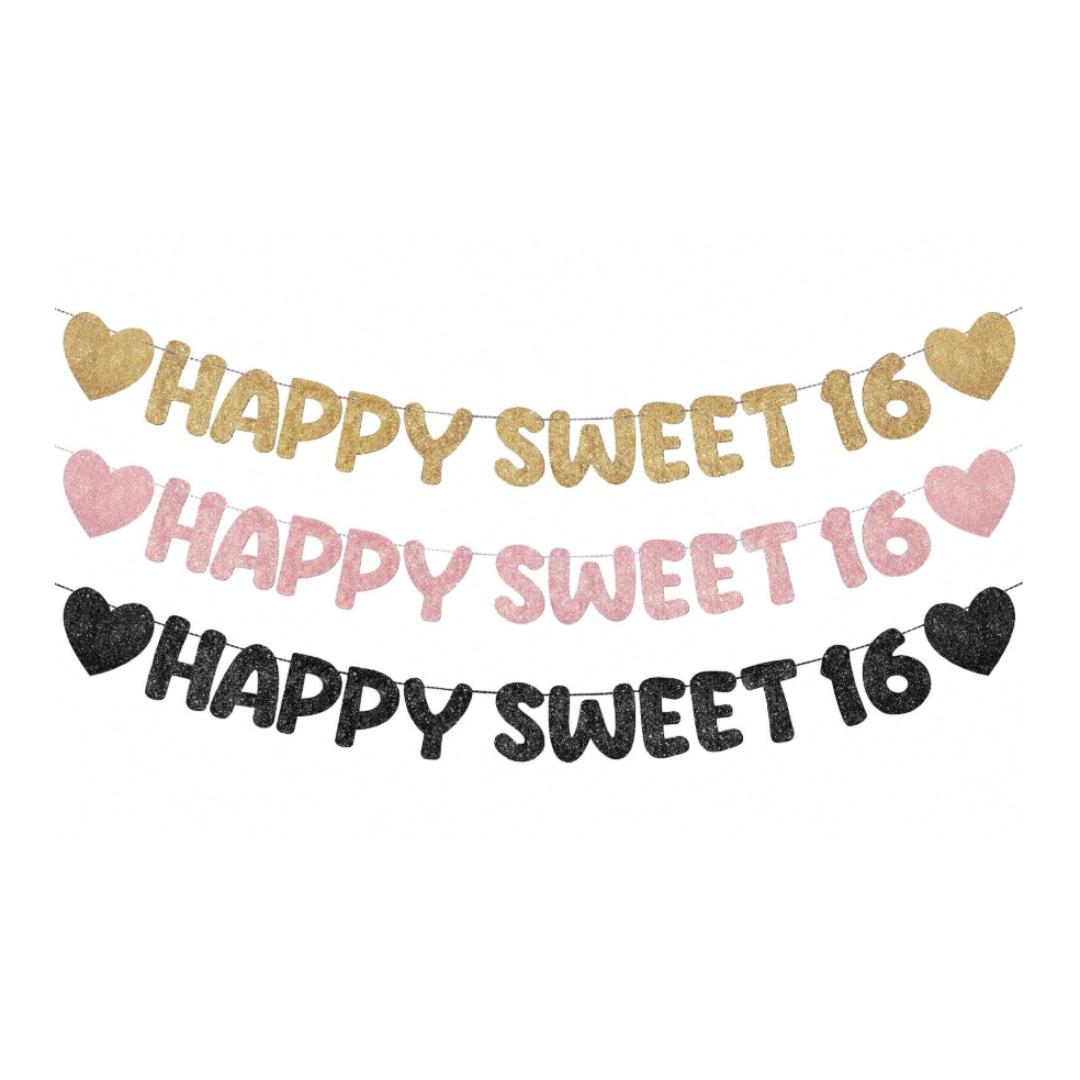 Happy Sweet 16 Glitter Banner Sixteenth 16th Birthday Party Decorations