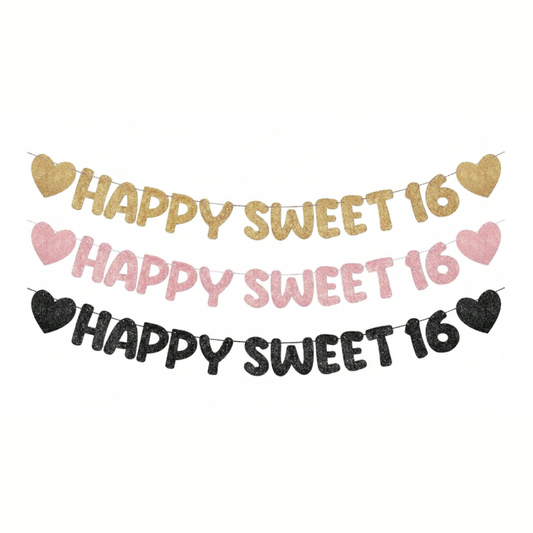 Happy Sweet 16 Glitter Banner Sixteenth 16th Birthday Party Decorations