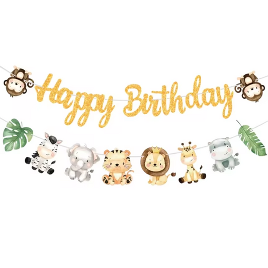 Jungle Animal Theme Happy Birthday Banner