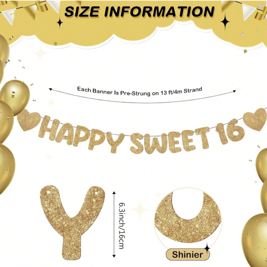 Happy Sweet 16 Glitter Banner Sixteenth 16th Birthday Party Decorations