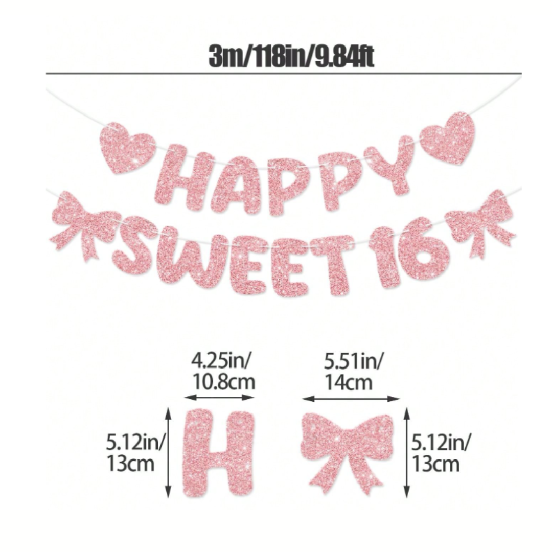 "Happy Sweet 16" Rose Gold Bow & Heart Glitter Banner