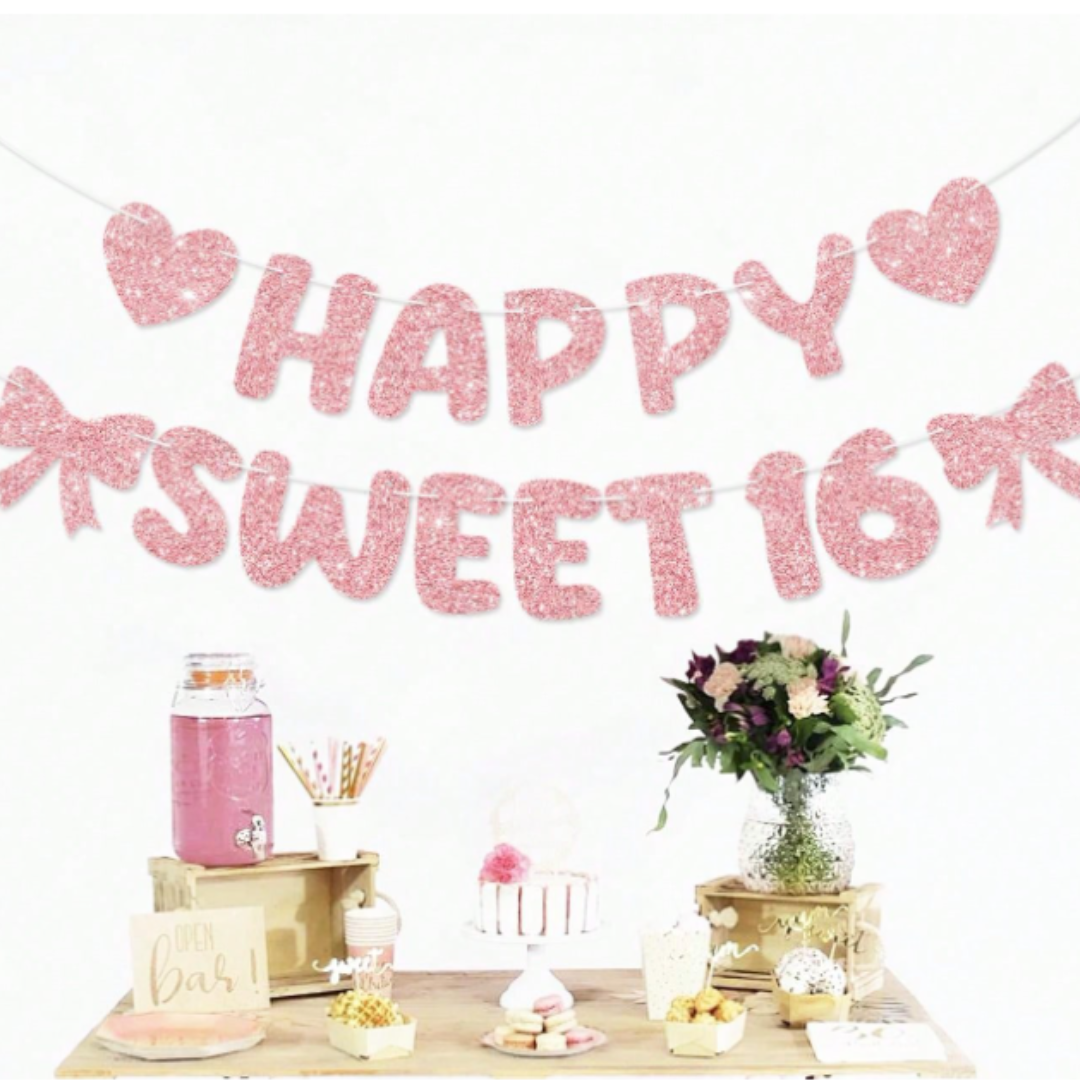 "Happy Sweet 16" Rose Gold Bow & Heart Glitter Banner