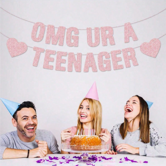 OMG UR A TEENAGER Rose Gold Glitter Banner