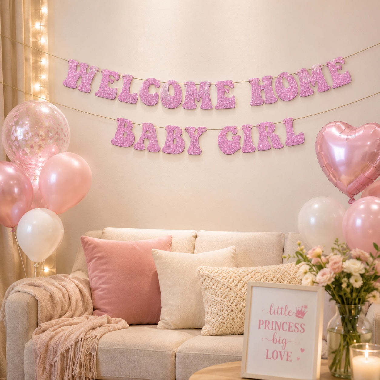 Pink Glitter Welcome Home Baby Girl Banner