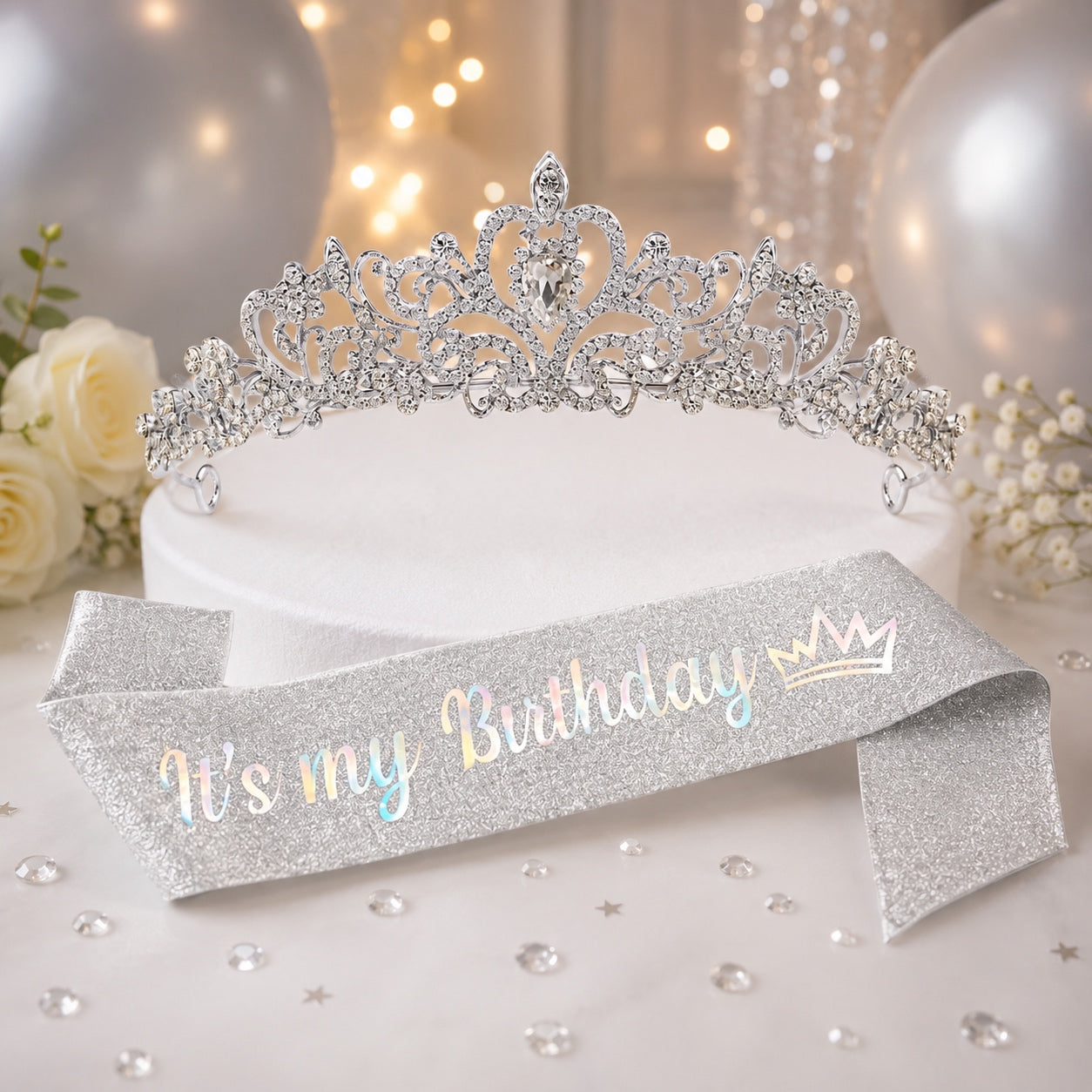 Silver It's my Birthday Sash and Crown