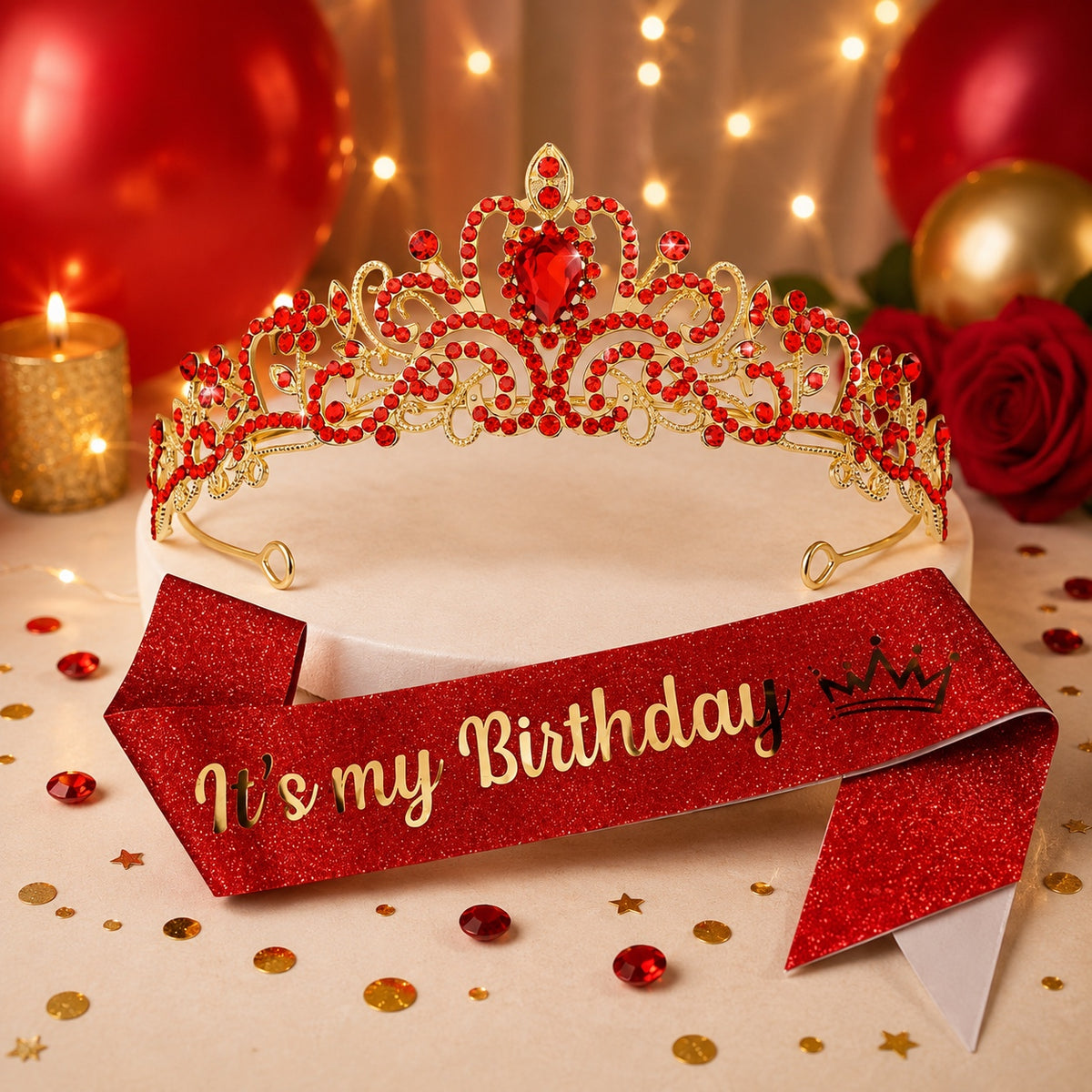 Red It's my Birthday Sash and Crown