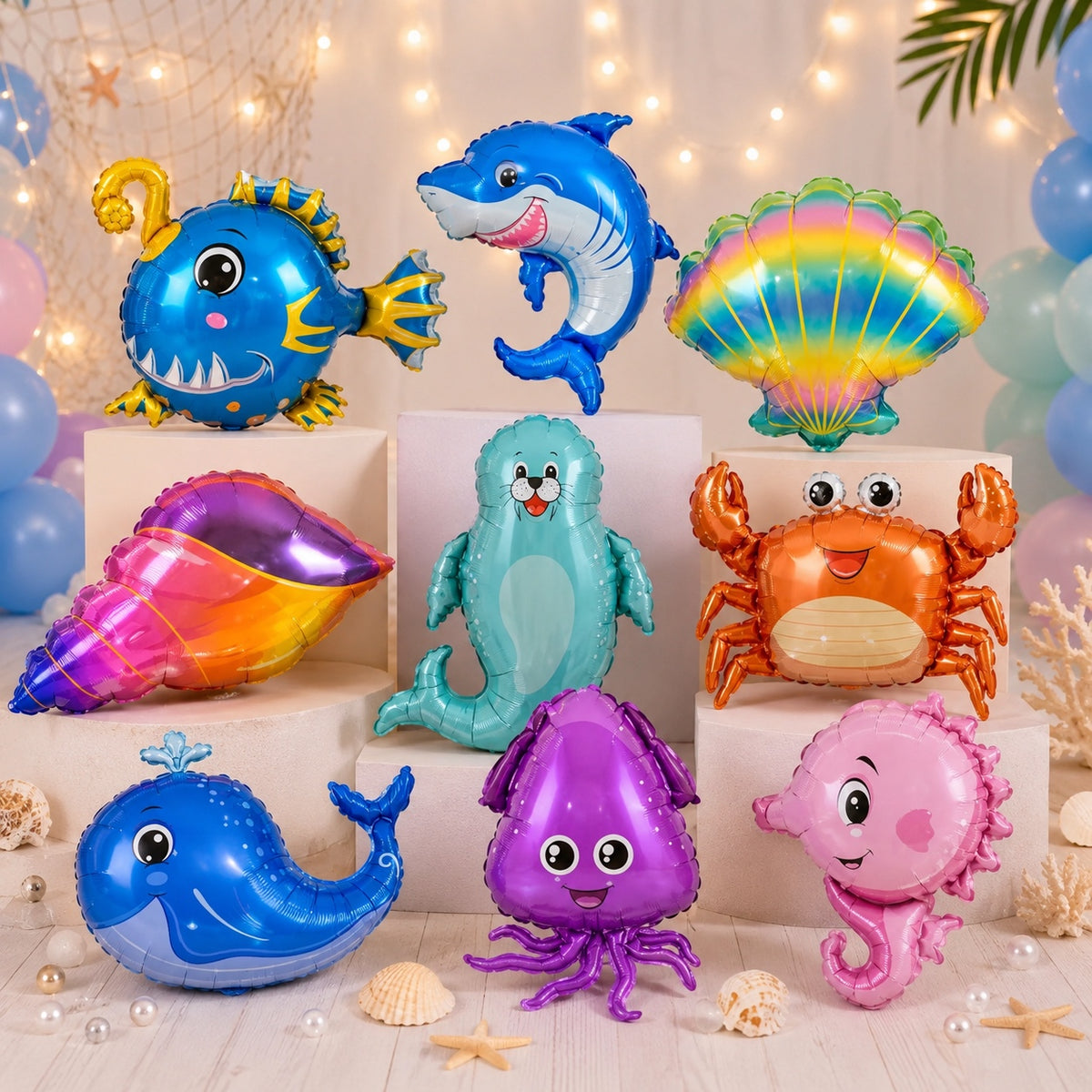 9pcs Ocean Underwater Themed Foil Balloons Seahorses, Crabs, Shells, Whales, Octopuses, And Sea Lions