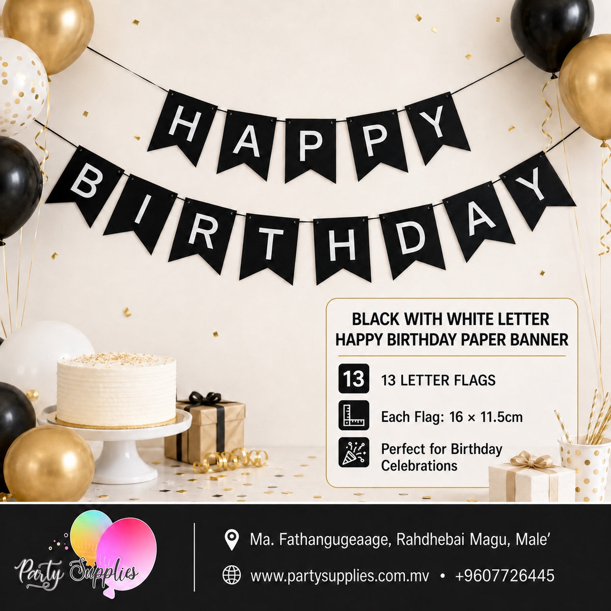 Black with White Letter Happy Birthday Paper Banner