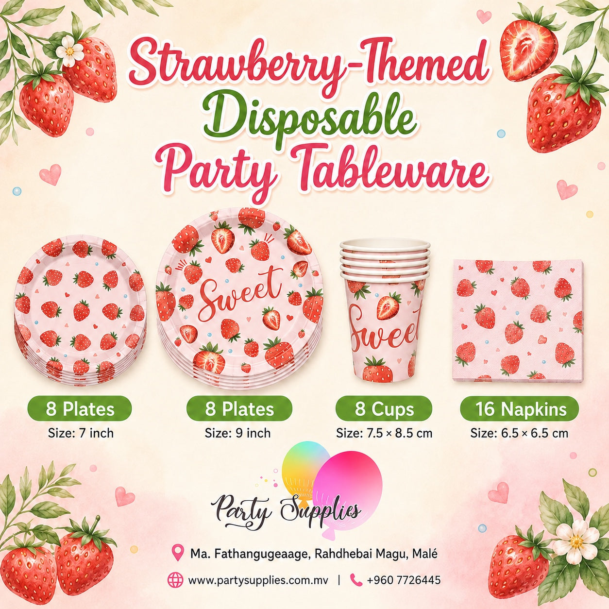 Strawberry Theme Dinnerware Plates, Cups, Napkins