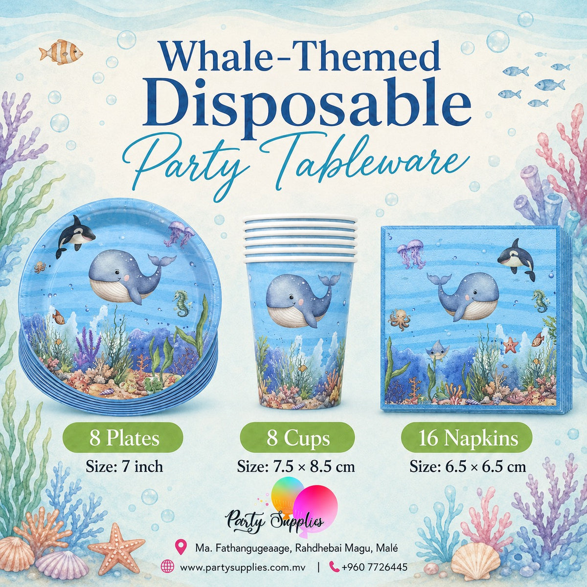Blue Ocean Underwater Whale Theme Dinnerware Plates, Cups, Napkins