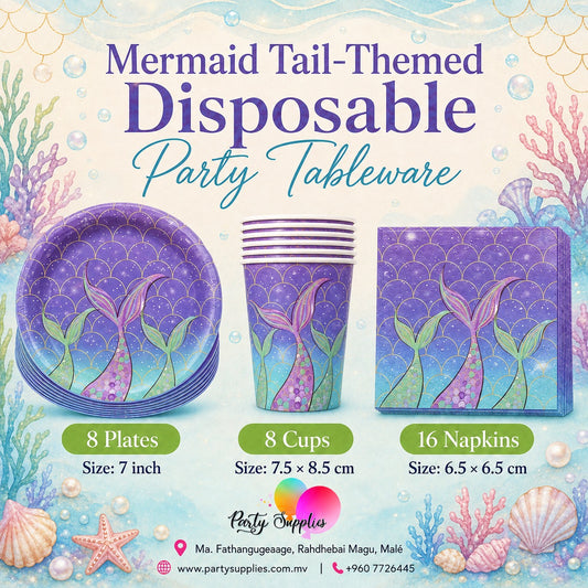 Purple Mermaid Theme Dinnerware Plates, Cups, Napkins