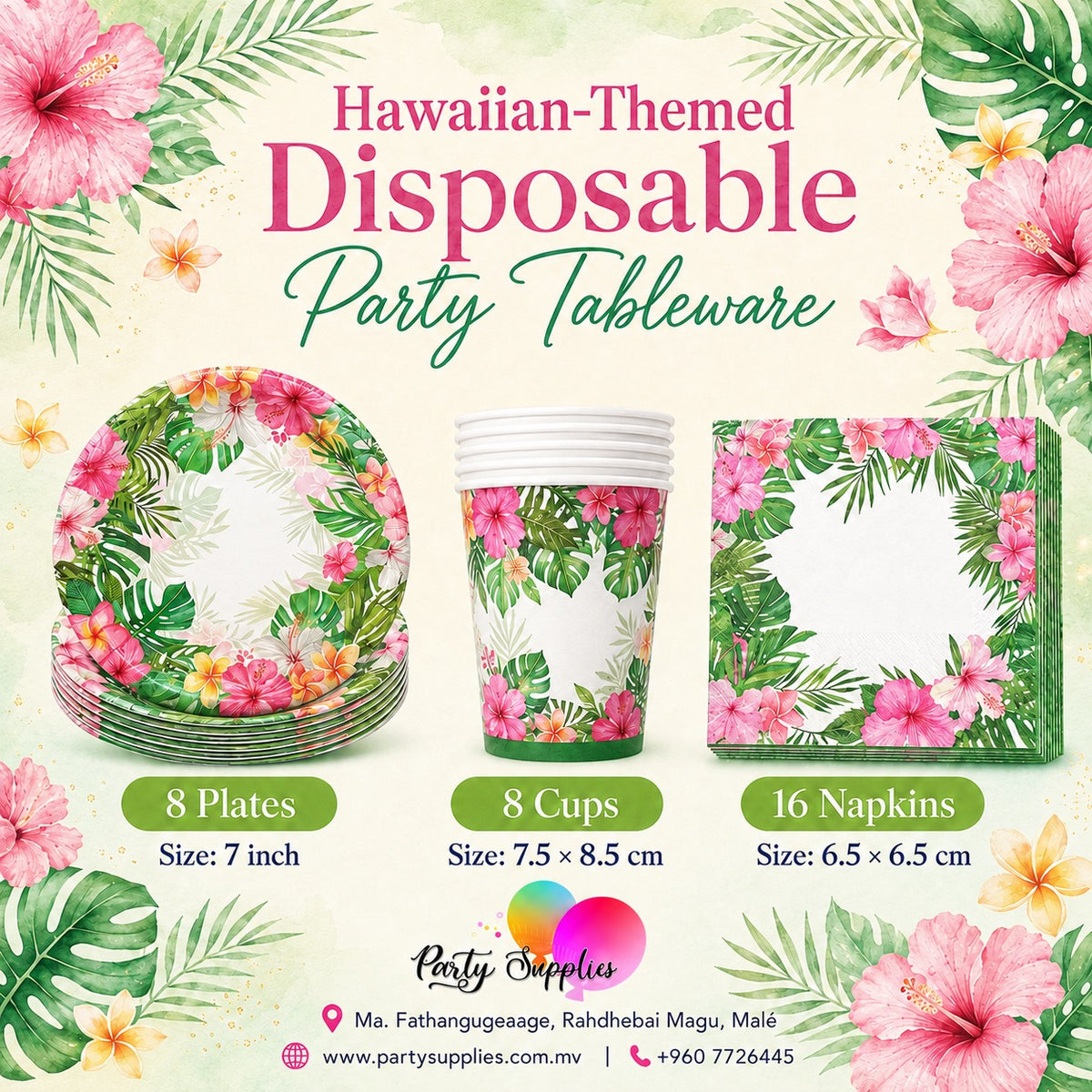 Hawaiian Theme Dinnerware, Cup, Plates, Napkins