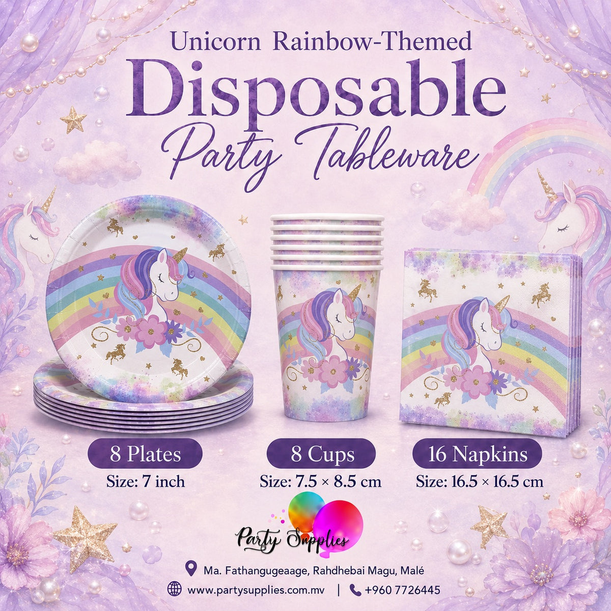 Unicorn Rainbow-Themed Party Tableware Set