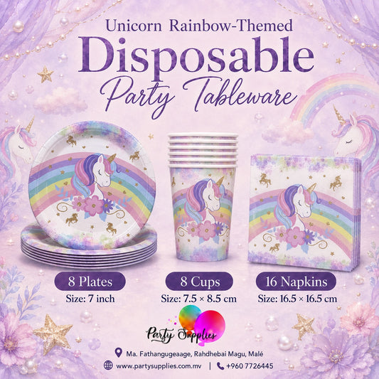 Unicorn Rainbow-Themed Party Tableware Set