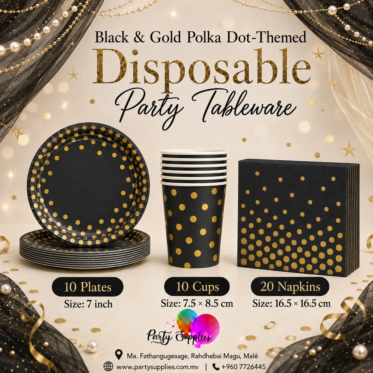 Black & Gold Polka Dot-Themed Disposable Party Tableware Set